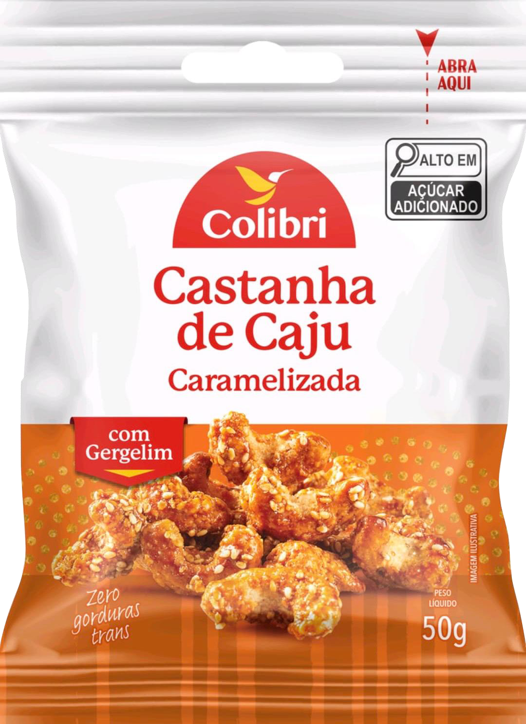 Embalagem de Castanha de Caju Caramelizada com Gergelim Colibri, sachê de 50g